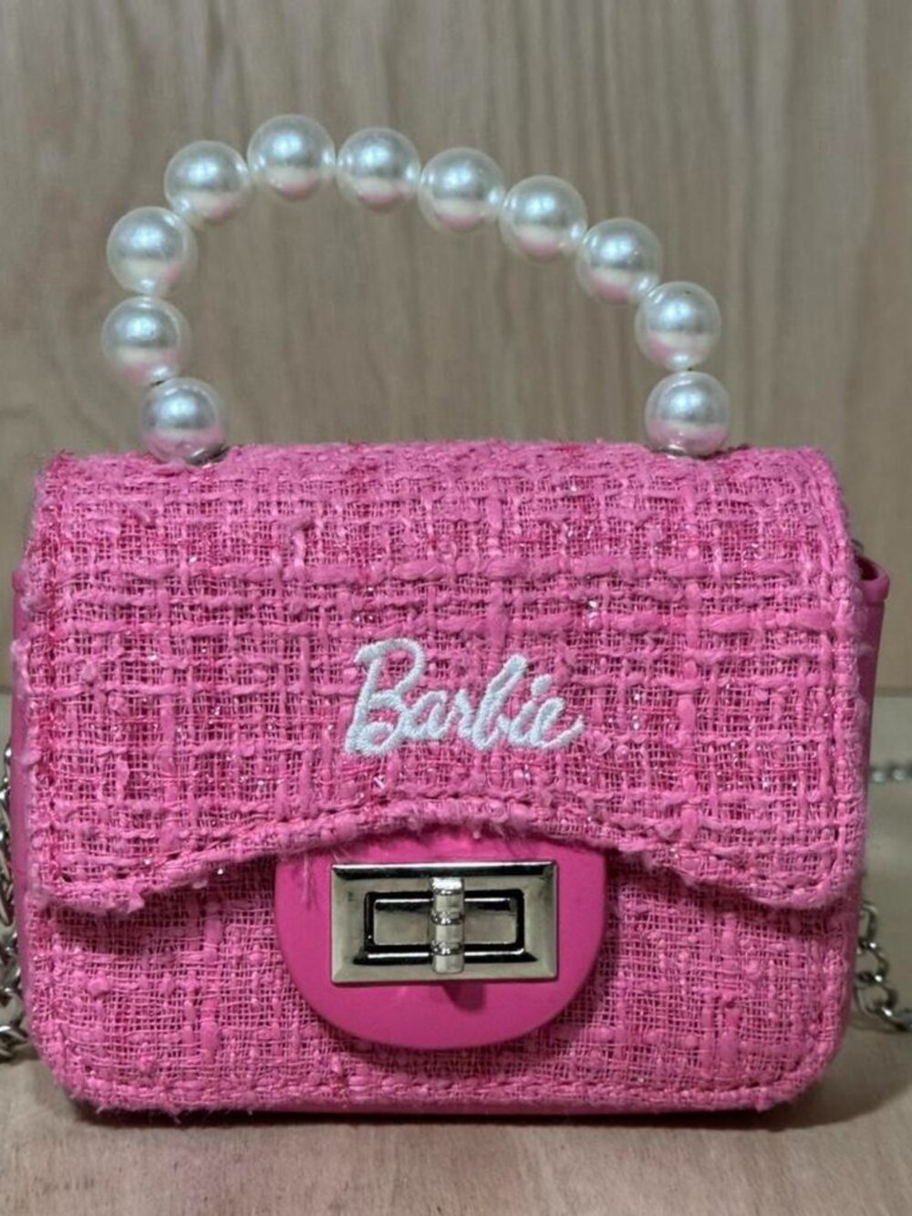 Barbie Pink Tweed Mini Pearl Handbag